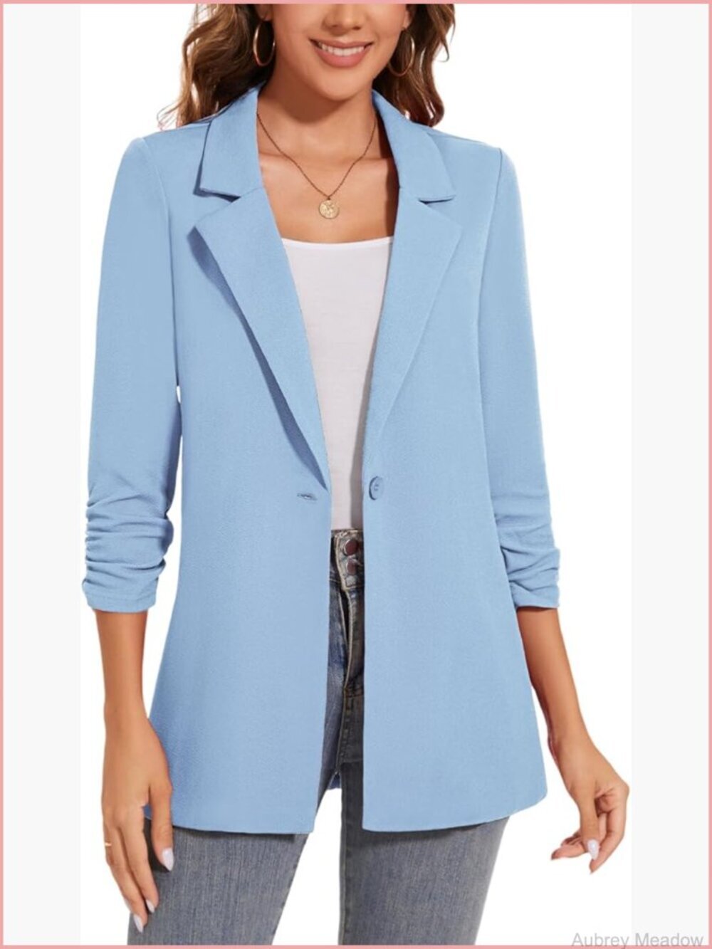 3/4 Sleeve Ruched Blazer Open Front Lightweight Work Office Jacket